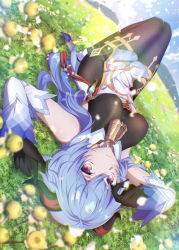 Rule 34 | 1girl, absurdres, bell, black gloves, blue hair, breasts, chinese wolfberry, day, detached sleeves, field, flower, flower field, ganyu (genshin impact), genshin impact, gloves, highres, horns, long hair, looking at viewer, lying, medium breasts, neck bell, on back, outdoors, purple eyes, smile, solo, sweet flower, vision (genshin impact), white sleeves