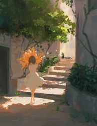 Rule 34 | 1girl, absurdres, artist name, blue footwear, bouquet, braid, brown hair, bush, commentary, dated, day, dress, facing away, flower, highres, holding, holding bouquet, long hair, orange flower, original, outdoors, sandals, solo, stairs, tree, twin braids, white dress, xilmo