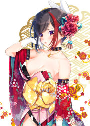 Rule 34 | 1girl, bang dream!, bare shoulders, belt, belt buckle, belt collar, black hair, black neckwear, blush, breasts, buckle, chain necklace, collar, commentary request, cowboy shot, detached sleeves, floral background, floral print, flower, frown, gloves, gradient eyes, hair flower, hair ornament, highres, jewelry, layered clothes, leotard, lock, long sleeves, looking at viewer, medium breasts, mitake ran, multicolored eyes, multicolored hair, necklace, obi, obijime, pendant, playboy bunny, purple eyes, sash, short hair, solo, standing, strapless, strapless leotard, streaked hair, swept bangs, tsurugi hikaru, white background, white gloves, wide sleeves