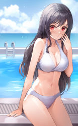 Rule 34 | 1girl, bad id, bad pixiv id, bare arms, bare shoulders, bikini, black hair, blurry, breasts, cleavage, cloud, collarbone, day, depth of field, groin, hand up, horizon, large breasts, long hair, looking at viewer, lunacle, navel, ocean, original, outdoors, pool, poolside, red eyes, smile, solo, stomach, swimsuit, thighs, water, white bikini