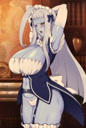 Rule 34 | 1girl, ahoge, armpits, arms up, belly, black sclera, blue skin, blush, breasts, cleavage, colored sclera, colored skin, commission, elbow gloves, frills, garter belt, gloves, grey hair, highres, huge ahoge, indoors, lala (monster musume), large breasts, lindaroze, long hair, maid, maid headdress, mature female, monster musume no iru nichijou, navel, aged up, open mouth, panties, solo, standing, sweat, underwear, white gloves, white panties