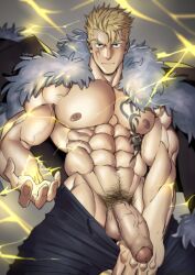 Rule 34 | 1boy, abs, absurdres, bara, blonde hair, closed mouth, clothes pull, coat, coat on shoulders, cowboy shot, fairy tail, flaccid, fur coat, grey background, highres, laxus dreyar, lightning, looking at viewer, muscular, muscular male, nipples, pants, pants pull, pectorals, penis, scar, scar across eye, serious, short hair, signature, solo, suyohara, veins, veiny arms