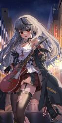Rule 34 | 1girl, absurdres, bare shoulders, belt, black belt, black garter straps, black gloves, black hair, black jacket, black thighhighs, blush, breasts, camisole, cleavage, fingerless gloves, garter straps, gloves, grey hair, guitar, hair ornament, hairclip, heart belt, highres, holding, holding instrument, hololive, instrument, iv (iv70311741), jacket, long hair, long sleeves, looking at viewer, medium breasts, multicolored hair, nail polish, night, parted lips, plaid, plaid skirt, red eyes, red nails, red skirt, sakamata chloe, skirt, smile, solo, streaked hair, thighhighs, torn clothes, torn thighhighs, virtual youtuber, white camisole, x hair ornament