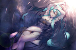 Rule 34 | 1girl, ahoge, aqua hair, arms up, bad id, bad pixiv id, china dress, chinese clothes, dress, closed eyes, hatsune miku, highres, long hair, lying, lyk wuyan, on back, partially submerged, solo, very long hair, vocaloid