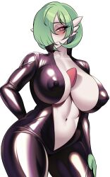 Rule 34 | 1girl, arm behind back, black bodysuit, blush, bob cut, bodysuit, breasts, bright pupils, bursting breasts, center opening, cleavage, closed mouth, collarbone, colored skin, covered erect nipples, cowboy shot, creatures (company), female focus, game freak, gardevoir, gen 3 pokemon, green hair, green skin, hair over one eye, half-closed eyes, hand on leg, hand on own leg, hand on own thigh, hand on thigh, happy, highres, huge breasts, long sleeves, looking at viewer, multicolored skin, navel, nintendo, one eye covered, open bodysuit, open clothes, pokemon, pokemon (creature), red eyes, seductive smile, shiny clothes, short hair, simple background, smile, solo, standing, stomach, thick thighs, thighs, two-tone skin, unzipped, white background, white pupils, white skin, wide hips, zwei (saedelaere)