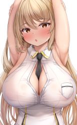 Rule 34 | 1girl, armpits, arms up, between breasts, black necktie, blonde hair, blush, breasts, brown eyes, cleavage, large breasts, last origin, lomocya, long hair, necktie, necktie between breasts, open mouth, partially unbuttoned, salacia (last origin), shirt, simple background, sleeveless, sleeveless shirt, solo, white background