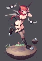 Rule 34 | 1girl, black footwear, boots, breasts, cleavage, commentary, demon girl, eyeball, fishnet thighhighs, fishnets, grey background, hair between eyes, heart, heart tail, highres, horns, jungki dr, looking at viewer, medium breasts, open mouth, original, red eyes, red hair, red horns, red scarf, scarf, short hair, solo, tail, thighhighs, v, wrist cuffs
