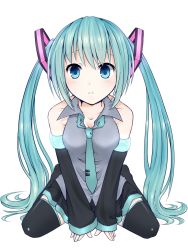 Rule 34 | 1girl, aqua eyes, aqua hair, aqua necktie, bare shoulders, blouse, blush, breasts, cleavage, collarbone, collared shirt, colorized, detached sleeves, frown, grey shirt, hair ornament, hatsune miku, long hair, looking at viewer, miniskirt, necktie, neon trim, nyankichi, shirt, simple background, sitting, skirt, solo, split mouth, thighhighs, tie clip, twintails, v arms, very long hair, vocaloid, wariza, white background