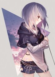 Rule 34 | 1girl, argyle, arm at side, arrow (projectile), belt, black capelet, black shorts, breasts, brown belt, capelet, closed mouth, cloud, cloudy sky, commentary request, contrapposto, cowboy shot, expressionless, floating hair, from side, gradient sky, grey background, grey eyes, grey hair, groin, highres, holding, holding arrow, hood, hood down, hooded capelet, long sleeves, looking away, medium hair, natsutora, original, outside border, profile, ribbon, shirt, short shorts, shorts, side slit, sky, small breasts, solo, standing, star (sky), star (symbol), starry sky, twilight, unzipped, white ribbon, white shirt, zipper, zipper pull tab