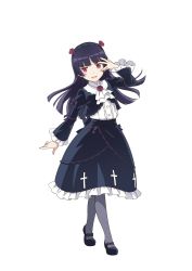 Rule 34 | 1girl, absurdres, black footwear, black hair, full body, gokou ruri, gothic lolita, grey pantyhose, hairband, hand on own face, highres, lolita fashion, long hair, long sleeves, looking at viewer, mary janes, official art, open mouth, ore no imouto ga konna ni kawaii wake ga nai, pantyhose, red eyes, shoes, simple background, skirt, skirt set, solo, standing, white background