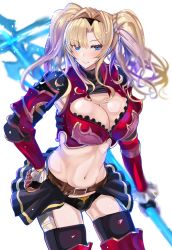 Rule 34 | 1girl, absurdres, armor, belt, black thighhighs, blonde hair, blush, breasts, cleavage, commentary request, gloves, granblue fantasy, greaves, hand on own hip, highres, holding, holding weapon, long hair, looking at viewer, midriff, navel, rihito akane, skirt, smile, solo, thighhighs, twintails, weapon, white background, zeta (granblue fantasy)