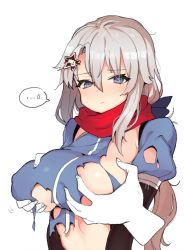 Rule 34 | ..., 1girl, 9a-91 (girls&#039; frontline), blue eyes, blush, grabbing another&#039;s breast, breasts, girls&#039; frontline, grabbing, grabbing from behind, grey hair, hair between eyes, hair ornament, jorin, large breasts, long hair, low ponytail, red scarf, scarf, sidelocks, simple background, solo focus, spoken ellipsis, spoken sweatdrop, sweat, sweatdrop, torn clothes, upper body, white background