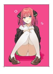Rule 34 | 1girl, :p, absurdres, black ribbon, blue eyes, blue nails, blunt bangs, blush, brown footwear, closed mouth, collared shirt, full body, go-toubun no hanayome, goumudan, green skirt, hair ornament, hair ribbon, heart, highres, jacket, knees together feet apart, loafers, long sleeves, looking at viewer, multicolored nails, nail polish, nakano nino, panties, pantyshot, pink nails, red background, red hair, ribbon, school uniform, shirt, shoes, short hair, simple background, sitting, skirt, smile, solo, thighhighs, tongue, tongue out, underwear, white panties, white shirt, white thighhighs