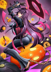 Rule 34 | 1girl, alternate color, arc system works, ass, ball and chain restraint, belt, black hair, bodysuit, breasts, candy, familiar, food, gloves, guilty gear, guilty gear xrd, halo, highres, jack-o&#039; valentine, large breasts, lollipop, long hair, looking at viewer, multicolored hair, pink hair, purple eyes, purple hair, scagyoniku, sideboob, smile, two-tone hair, very long hair