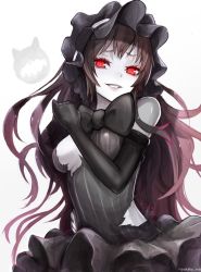 Rule 34 | 10s, 1girl, abyssal ship, bad id, bad twitter id, black gloves, black hair, bonnet, bow, bowtie, breasts, colored skin, elbow gloves, gloves, gothic lolita, isolated island oni, kantai collection, lolita fashion, long hair, looking at viewer, parted lips, red eyes, sideboob, simple background, smile, solo, torn clothes, white background, white skin, yukihama