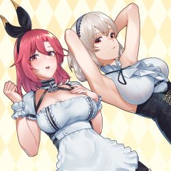 Rule 34 | 2girls, absurdres, anchor choker, apron, argyle, argyle background, argyle clothes, armpits, arms behind head, arms up, azur lane, black bow, black dress, black prince (azur lane), black skirt, bow, breasts, brown eyes, choker, cleavage, closed mouth, collarbone, cosplay, costume switch, dress, eyelashes, frilled choker, frilled shirt, frilled shirt collar, frills, hair between eyes, hair bow, hairband, hand on own chest, hands up, high-waist skirt, highres, lace-trimmed hairband, lace trim, large breasts, lips, looking at viewer, multiple girls, open mouth, parted bangs, puffy short sleeves, puffy sleeves, red eyes, red hair, round teeth, shinidei, shirt, short hair, short sleeves, sidelocks, sirius (azur lane), skirt, sleeveless, sleeveless shirt, smile, tareme, teeth, tongue, two-tone dress, upper body, waist apron, white apron, white background, white dress, white hair, white shirt, yellow background