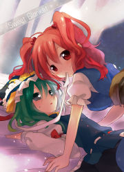 Rule 34 | 2girls, arm support, blush, cover, cover page, green hair, grey eyes, hair bobbles, hair ornament, hat, looking at viewer, lying, mouth hold, multiple girls, nagaro, on bed, onozuka komachi, open mouth, red eyes, red hair, ribbon, shiki eiki, touhou, twintails, two side up, yuri