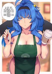 Rule 34 | 1girl, :o, absurdres, ahoge, apron, armpits, arms up, bare shoulders, blue hair, blunt bangs, blurry, blurry background, breasts, ceteee, cleavage, collarbone, commentary, cup, curly hair, disposable cup, english commentary, english text, from above, green apron, hairband, highres, holding, holding cup, holding pen, iced latte with breast milk (meme), large breasts, long hair, looking at viewer, marker, meme, nail polish, naked apron, parted lips, pen, ponytail, red nails, sideboob, sidelocks, speech bubble, standing, starbucks, thigh gap