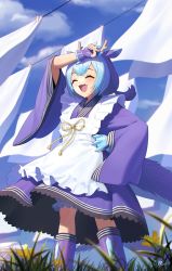 Rule 34 | 1girl, ^ ^, apron, arm up, blue footwear, blue hair, blue kimono, blue sky, blunt bangs, blush, boots, chinese commentary, closed eyes, cloud, commentary request, day, dragon girl, dragon horns, dragon tail, dragonmaid (yu-gi-oh!), duel monster, fang, fingerless gloves, flat chest, flower, frilled kimono, frills, gloves, grass, hair between eyes, hand on own hip, highres, horns, japanese clothes, kimono, knee boots, lace-trimmed apron, lace trim, laundry, laundry basket, laundry dragonmaid, long sleeves, low twintails, maid, maid apron, masin0201, medium hair, multicolored hair, open mouth, outdoors, purple gloves, sidelocks, signature, sky, smile, solo, standing, tail, twintails, wa maid, white apron, wide sleeves, yellow horns, yu-gi-oh!