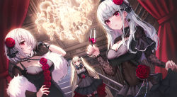 Rule 34 | 3girls, alcohol, alternate costume, anchor ornament, azur lane, black choker, black dress, black gloves, black thighhighs, blonde hair, blunt bangs, blush, breasts, chandelier, choker, cleavage, cup, curtains, detached sleeves, dido (azur lane), dress, drink, drinking glass, earrings, flower, formidable (azur lane), fur shawl, garter straps, gloves, grey hair, hair flower, hair ornament, hand on own hip, highres, holding, holding cup, indoors, jewelry, large breasts, layered dress, lipstick, long sleeves, looking at viewer, makeup, multiple girls, parted lips, pink eyes, poise, red eyes, red flower, red rose, rose, shawl, short hair, single detached sleeve, single glove, sirius (azur lane), skirt hold, smile, stairs, standing, thighhighs, twintails, wine, wine glass, zettai ryouiki