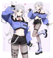 Rule 34 | 1girl, absurdres, alternate costume, black shorts, black sports bra, blowing kiss, boots, collar, cropped jacket, earclip, elf, fishnet pantyhose, fishnets, frieren, green eyes, grey hair, heart, highres, jacket, long hair, looking at viewer, multiple views, navel, netapai1, o3o, one eye closed, pantyhose, pointy ears, purple jacket, short shorts, shorts, sousou no frieren, sports bra, thigh strap, twintails