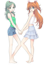 Rule 34 | 2girls, :d, barefoot, blue eyes, blue shorts, breasts, brown hair, cleavage, from side, full body, green eyes, green hair, grey skirt, hair bobbles, hair ornament, hair ribbon, high ponytail, holding hands, houjou hibiki, layered skirt, long hair, looking at viewer, midriff, minamino kanade, miniskirt, multiple girls, open mouth, pink ribbon, polorinken, precure, red ribbon, ribbon, shirt, short shorts, shorts, simple background, skirt, sleeveless, sleeveless shirt, small breasts, smile, standing, suite precure, twintails, very long hair, white background, white shirt