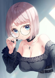 Rule 34 | 1girl, bare shoulders, belt, belt buckle, black-framed eyewear, black belt, black collar, black shirt, blue eyes, blush, breasts, buckle, cleavage, closed mouth, collar, commentary request, cross, cross necklace, frilled shirt, frills, glasses, highres, jewelry, kine-c, large breasts, leaning forward, long sleeves, necklace, off-shoulder shirt, off shoulder, original, pink hair, pleated skirt, puffy long sleeves, puffy sleeves, reaching, reaching towards viewer, round eyewear, selfie, shirt, short hair, skirt, smile, solo, white skirt