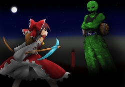 Rule 34 | 1boy, 1girl, angry, arrow (projectile), barrel, belt, bloomers, bow, bow (weapon), creeper, crossed arms, crossover, detached sleeves, hair bow, hakurei reimu, japanese clothes, miko, minecraft, moon, night, pickaxe, pouch, quiver, sarashi, skirt, sky, star (sky), star (symbol), starry sky, touhou, underwear, weapon