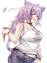 Rule 34 | 1girl, ahoge, alternate costume, animal collar, animal ears, black collar, black pants, blush, breasts, cat ears, cat girl, cat tail, cleavage cutout, clothing cutout, collar, commentary request, contrapposto, fang, hair over one eye, highres, hololive, ikayaki (ikayaki4), large breasts, looking at viewer, messy hair, multicolored hair, nekomata okayu, open mouth, pants, ponytail, popsicle stick, purple eyes, purple hair, shirt, skin fang, solo, streaked hair, tail, tank top, tied shirt, virtual youtuber, white tank top