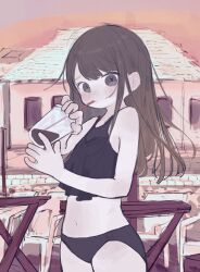Rule 34 | 1girl, absurdres, bikini, black bikini, black eyes, brown hair, building, chair, cup, disposable cup, drinking straw, drinking straw in mouth, highres, holding, holding cup, long hair, looking at viewer, original, outdoors, solo, swimsuit, table, yunoki itsugu