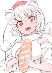 Rule 34 | 1girl, animal ears, blush, bread, breasts, detached sleeves, food, hat, head tilt, highres, holding, holding food, inubashiri momiji, large breasts, limited palette, looking at viewer, open mouth, pom pom (clothes), red eyes, red hat, shirt, sleeveless, sleeveless shirt, solo, teeth, tokin hat, touhou, upper body, upper teeth only, white hair, white shirt, wolf ears, yoyoiro (sysi20)