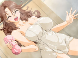 Rule 34 | 1girl, amano mitsurugi, armpits, bathroom, blush, breasts, brown hair, cleavage, collarbone, curly hair, dutch angle, closed eyes, female focus, gundam, gundam 00, hair between eyes, hands up, happy, highres, indoors, large breasts, legs, light blush, long hair, naked towel, nose blush, open mouth, smile, solo, sponge, standing, steam, sumeragi lee noriega, thighs, towel, white towel