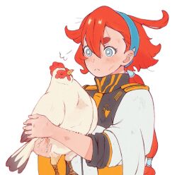 Rule 34 | 1girl, ahoge, animal, bird, blue eyes, blush, chicken, closed mouth, gundam, gundam suisei no majo, hair between eyes, highres, holding, holding animal, holding bird, jacket, long hair, long sleeves, low ponytail, red hair, simple background, sleeves rolled up, solo, suiseikaro, suletta mercury, thick eyebrows, upper body, white background, white jacket, wide sleeves