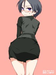 Rule 34 | 10s, ass, black hair, blue eyes, blush, dated, girls und panzer, glasses, highres, looking back, pantylines, pink background, rumi (girls und panzer), skirt, solo