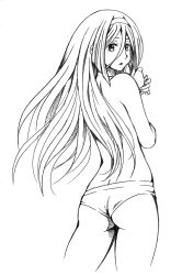 Rule 34 | 10s, 1girl, ass, bbb (friskuser), from behind, greyscale, hair between eyes, hairband, highres, hyouka, irisu fuyumi, lineart, long hair, looking back, monochrome, panties, simple background, topless, underwear, white background