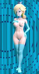 Rule 34 | 1girl, 3d, abstract background, absurdres, barefoot, blonde hair, blue background, blue eyes, blue gloves, blue stockings, blue thighhighs, breasts, choker, cleft of venus, clitoral hood, clitoris, crown, earrings, elbow gloves, eyebrows, eyelashes, full body, gloves, hair over one eye, half-closed eyes, highres, jewelry, large breasts, legoguy9875, long hair, mario (series), groin, narrow waist, navel, nintendo, nipples, nude, pussy, rosalina, seductive smile, smile, super mario galaxy, thigh gap, thighhighs