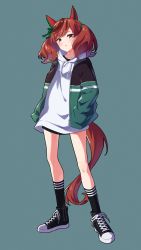 Rule 34 | 1girl, absurdres, animal ears, black footwear, black shirt, black socks, brown hair, casual, collarbone, commentary, english commentary, full body, green background, hands in pockets, highres, hood, hoodie, horse ears, horse girl, horse tail, jacket, looking at viewer, multicolored hair, nice nature (umamusume), noyk iv, open clothes, open jacket, parted lips, shirt, short twintails, simple background, socks, solo, standing, streaked hair, tail, twintails, umamusume, white hoodie