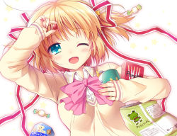 Rule 34 | 1girl, ;d, blonde hair, blue eyes, brand name imitation, candy, dress shirt, food, fuyuichi, hair ribbon, kamikita komari, little busters!, one eye closed, open mouth, pocky, ribbon, school uniform, shirt, short hair, smile, snack, solo, sweater, sweets, twintails, wink