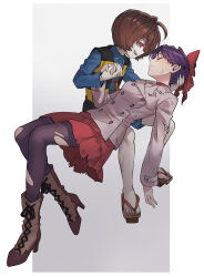 Rule 34 | 1boy, 1girl, absurdres, boots, bow, brown hair, colored sclera, commentary request, evil smile, fang, gegege no kitarou, hair bow, hair over one eye, hand on another&#039;s head, highres, holding hands, jacket, kitarou, nekomusume, nekomusume (gegege no kitarou 6), on lap, pale skin, pantyhose, purple hair, red sclera, sandals, short hair, silanduqiaocui, skirt, smile, torn clothes, torn pantyhose