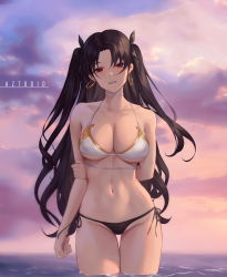 Rule 34 | 1girl, arm behind back, aztodio, bare shoulders, bikini, black bikini, black hair, blue sky, blush, breasts, choker, cleavage, collarbone, cowboy shot, earrings, fate/grand order, fate (series), gold earrings, gold trim, gradient sky, hair ribbon, halterneck, holding own arm, hoop earrings, ishtar (fate), jewelry, large breasts, long hair, looking at viewer, mismatched bikini, navel, ocean, open mouth, orange sky, parted bangs, parted lips, partially submerged, red eyes, revision, ribbon, sky, smile, solo, stomach, swimsuit, thigh gap, thighs, twilight, two side up, very long hair, wading, white bikini, white choker