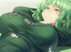 Rule 34 | 5girls, ^ ^, belly, blue hair, breasts, breasts apart, brown hair, closed eyes, dress, closed eyes, giant, giantess, green dress, green eyes, green hair, grin, hand to own mouth, hat, head on chest, kaku seiga, large breasts, lying, miyako yoshika, mononobe no futo, multiple girls, on back, pointy ears, shoes, size difference, sleeping, sleeping on person, smile, soga no tojiko, touhou, toyosatomimi no miko, utopia, white hair