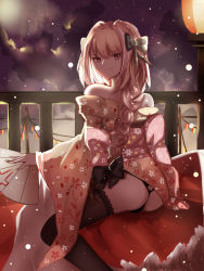 Rule 34 | 1boy, ass, ass cutout, astolfo (fate), backlighting, bare shoulders, black bow, black panties, black thighhighs, bow, braid, bulge, butt crack, closed mouth, clothing cutout, cloud, cloudy sky, commentary request, fang, fang out, fate/apocrypha, fate (series), floral print, folding fan, from behind, g-string, hair between eyes, hair bow, hair intakes, hand fan, highres, holding, holding fan, japanese clothes, kimono, lace, lace-trimmed legwear, lace trim, light smile, long hair, long sleeves, looking at viewer, looking back, male focus, multicolored hair, night, night sky, obi, off shoulder, orange kimono, outdoors, panties, pantyshot, penis in panties, pink hair, print kimono, purple eyes, purple sky, sash, single braid, sitting, sky, solo, star (sky), starry sky, streaked hair, summer festival, thighhighs, thong, trap, two-tone hair, underwear, white hair, wide sleeves, yukata