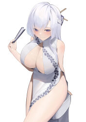 Rule 34 | 1girl, absurdres, alternate costume, azur lane, belfast (azur lane), braid, breasts, center opening, china dress, chinese clothes, cleavage, dress, folding fan, french braid, hand fan, highres, holding, holding fan, large breasts, long hair, lordol, purple eyes, side slit, sitting, white background, white hair