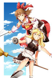 Rule 34 | 2girls, apron, ascot, bad id, bad pixiv id, bare shoulders, between fingers, blonde hair, blue sky, bow, braid, broom, broom riding, brown eyes, brown hair, cloud, day, detached sleeves, flying, gohei, gradient background, grin, hair bow, hair ribbon, hair tubes, hakurei reimu, hat, holding, kirisame marisa, long sleeves, looking at viewer, mini-hakkero, multiple girls, outstretched arm, outstretched hand, puffy sleeves, ribbon, shirt, short sleeves, single braid, skirt, skirt set, sky, smile, spell card, touhou, vest, waist apron, wide sleeves, witch, witch hat, yatsuhashi kyouto, yellow eyes