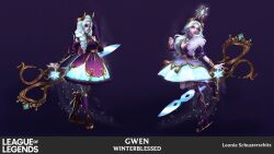 Rule 34 | 1girl, artist name, blue eyes, braid, breasts, character name, cleavage, colored skin, copyright name, dress, gradient background, grey skin, gwen (league of legends), hand up, heterochromia, highres, holding, holding scissors, horns, ice skates, large breasts, league of legends, lones (lonesart), long hair, multiple views, nail polish, pink nails, puffy short sleeves, puffy sleeves, purple background, purple dress, scissors, short sleeves, single braid, skates, white dress