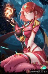 Rule 34 | breasts, chest jewel, fire, large breasts, pyra (xenoblade), red eyes, red hair, short hair, solo, xenoblade chronicles (series), xenoblade chronicles 2, z-ki