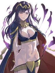 Rule 34 | 1girl, black hair, blunt bangs, breasts, bridal gauntlets, cape, circlet, cleavage, fire emblem, fire emblem awakening, groin, highres, jewelry, large breasts, long hair, looking at viewer, navel, nintendo, pulled by self, purple eyes, revealing clothes, shan laotou, simple background, solo, tharja (fire emblem), tiara, two side up, undressing, white background