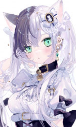 Rule 34 | 1girl, animal ears, aqua eyes, bad id, bad twitter id, bell, belt, belt buckle, black hair, blush, bow, buckle, cat ears, cat tail, choker, corset, dress, earrings, frilled dress, frills, hair ornament, highres, jewelry, looking at viewer, multicolored hair, neck bell, piercing, puffy sleeves, sakurato remi, short sleeves, suspenders, tail, twintails, white hair