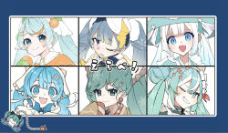 Rule 34 | 6+girls, :d, aburi iwashi, apron, aqua eyes, aqua hair, aqua headwear, aqua shirt, black bow, blue background, blue eyes, blue hair, blue mittens, blunt bangs, blush stickers, bomb, bow, braid, brown kimono, cameo, capelet, cheese wheel, closed mouth, commentary, double scoop, drooling, earrings, explosive, fake horns, fish (food), fondue, food, food-themed hair ornament, food on face, fork hair ornament, fruit, grin, hair bow, hair bun, hair ornament, hairclip, hand to own mouth, hatsune miku, headdress, highres, horns, ice cream, ice cream cone, ichimegasa, ikura (food), japanese clothes, jewelry, kappougi, kimono, large hat, light blue hair, long hair, magical mirai (vocaloid), magical mirai miku, magical mirai miku (2016), melon, melon ball, melting, mittens, mouth drool, multicolored hair, multiple girls, multiple persona, one eye closed, open mouth, orange capelet, orange hair, pink ribbon, portrait, ribbon, rice, rice on face, shirt, smile, snowflake hair ornament, snowflake print, spoon hair ornament, star (symbol), star earrings, streaked hair, translated, twintails, v-shaped eyebrows, vocaloid, waffle cone, white apron, white bow, white hair, white headwear, white ribbon, yuki miku, yuki miku (2024), yuki miku (2024) (candidate no.1), yuki miku (2024) (candidate no.2), yuki miku (2024) (candidate no.3), yuki miku (2024) (candidate no.4), yuki miku (2024) (candidate no.6)