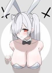 Rule 34 | animal ears, black bow, black bowtie, blush, bowtie, breasts, cinderella (nikke), closed mouth, collarbone, detached collar, fake animal ears, frown, goddess of victory: nikke, hair over one eye, hanging breasts, large breasts, leotard, long hair, looking at viewer, playboy bunny, rabbit ears, red eyes, strapless, strapless leotard, twintails, umbsy gi, very long hair, white hair, white leotard